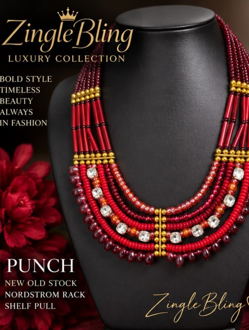 PUNCH Red Burgundy Glass Beaded Multi Strand Statement Necklace